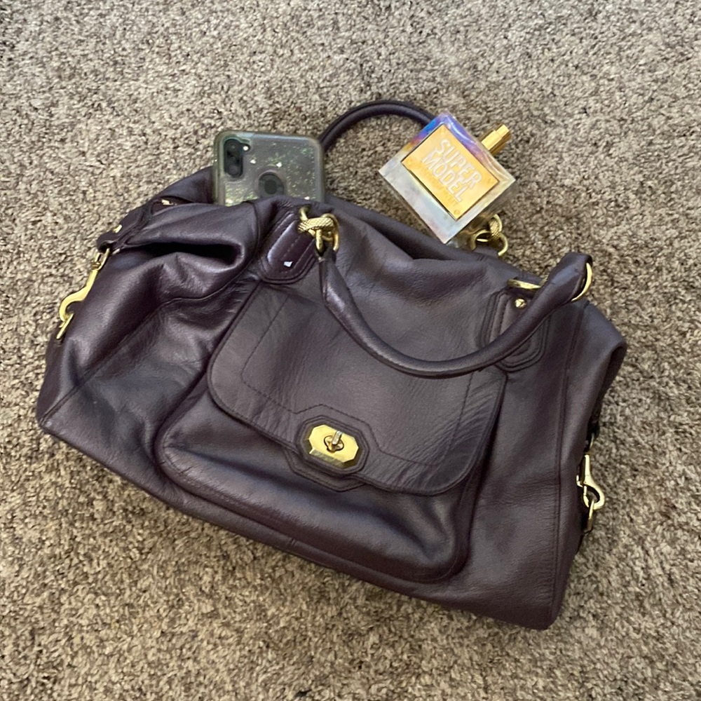 Coach Campbell turn lock leather large satchel bag in plum color with wallet